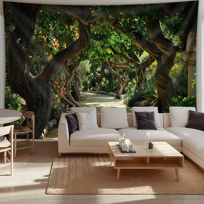 Twisted Tree Arch Tapestry Wall Hanging, Enchanted Garden Path with Floral Magical Landscape Wall Art for Home Decor