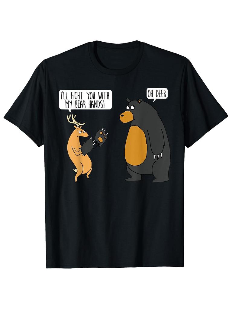 T Shirts for Men Playful Cartoon Bear And Deer Conversation On Black Shirt, Men T Shirts, Black Graphic T Shirt, Everyday Outfit, Leisure Clothing, Ca