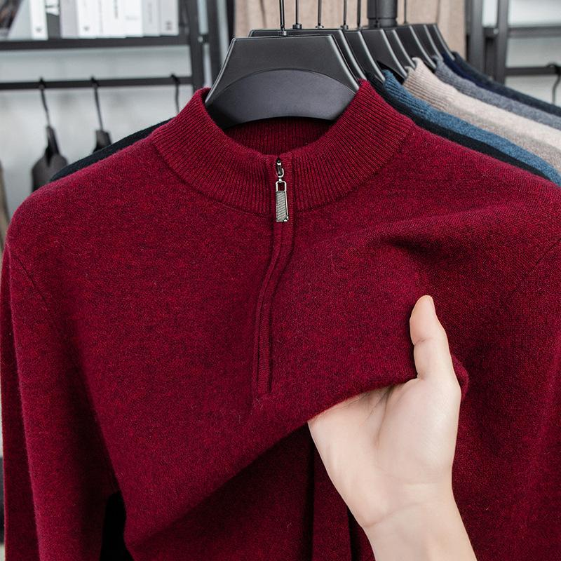 Solid Color 100 Wool Thickened Warm Half Zip Half Turtleneck Pullover Knit Sweater For Men