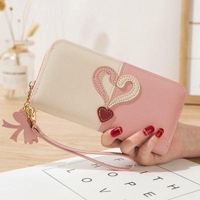 Lange Geldbörse für Damen: Koreanischer Stil, Kontrastfarbe, Quaste, Handyhalter