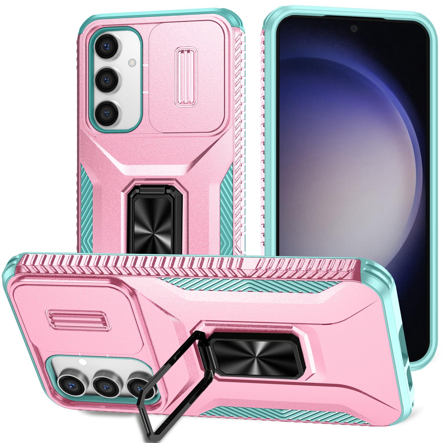 

For Samsung Galaxy S23 FE Kickstand Case TPU+PC Phone Protector with Slide Lens Cover E