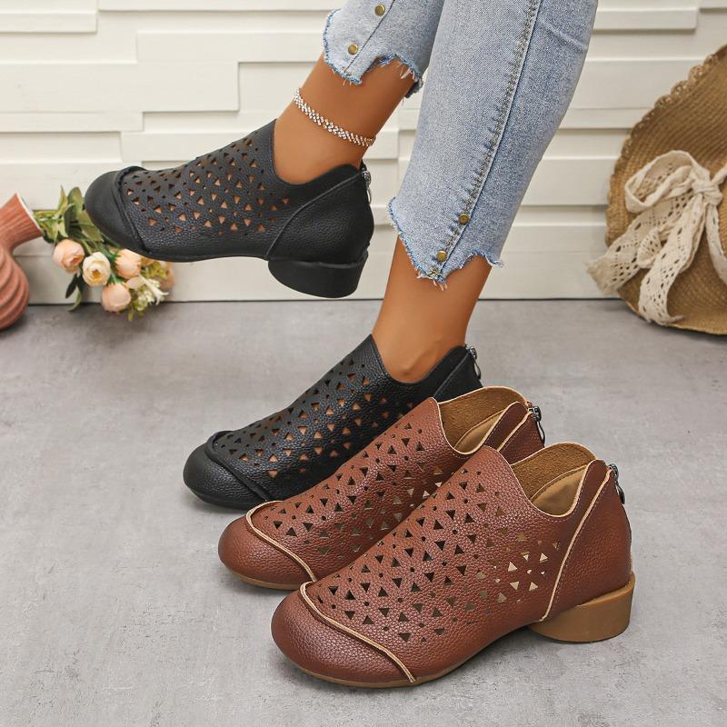 Fashion 2025Summer New Hollow Sandals for Jurgen Leather Retro Style Soft Women's Shoes Thick Heel Breathable Mid-high Heel Single Shoes