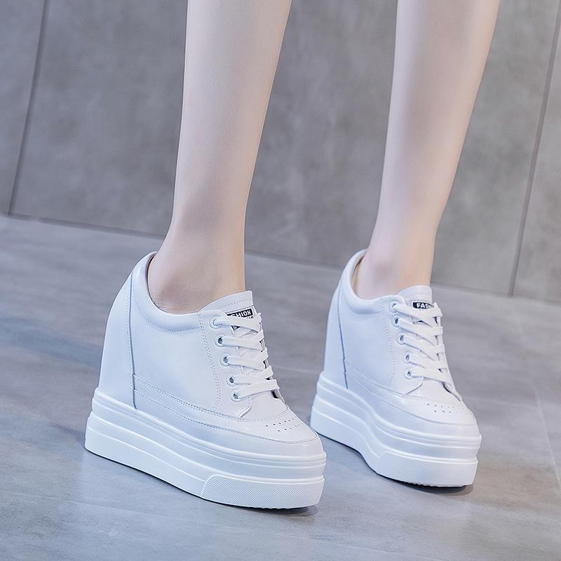 2025 Spring/Autumn Breathable Women's 11cm Height-Increasing Hollow Leather Thick-Soled Casual Black Shoes