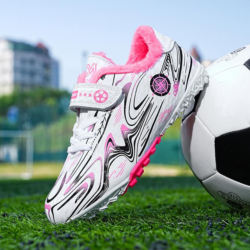 Kids' Fleece-Lined Soccer Shoes Non-slip Turf Sole Strap Breathable Printed Football Boots
