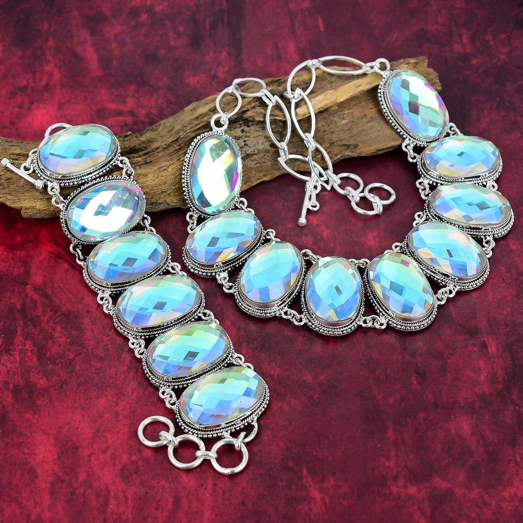 Faceted Mystic Topaz Handmade Jewelry, Mystic Topaz 925 Solid Sterling Silver Necklace & Bracelet, Gemstone Silver Jewelry Set For Love