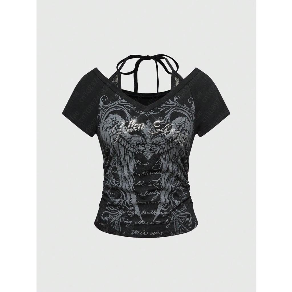 TrendHub Y2k Schlankes Print-Oberteil Damen Schulterfrei Kurzarm T-Shirt Neploe Amerikanischer Vintage Falsches Zweiteiliges Neckholder Schnürung T-Shirts