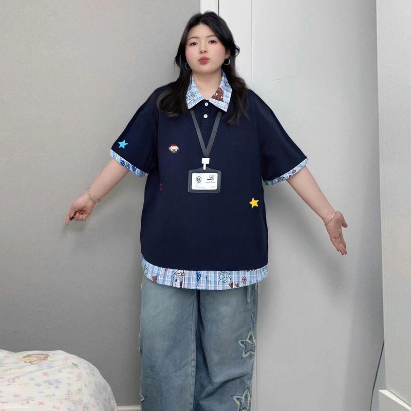 

Chubby Girl Plus size Preppy Puppy Embroidery Polo Collar Short sleeve T-shirt Women Plaid Patchwork Design Fake Two Pieces Top Blue [High-Quality Fabric] 2XL