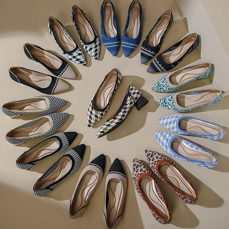 Mode Bequeme Damen Strickbootschuhe Spitzschuh Pumps High Heels Plaid Geometrische Schuhe Für Weibliche Frühling Herbst Atmungsaktiv