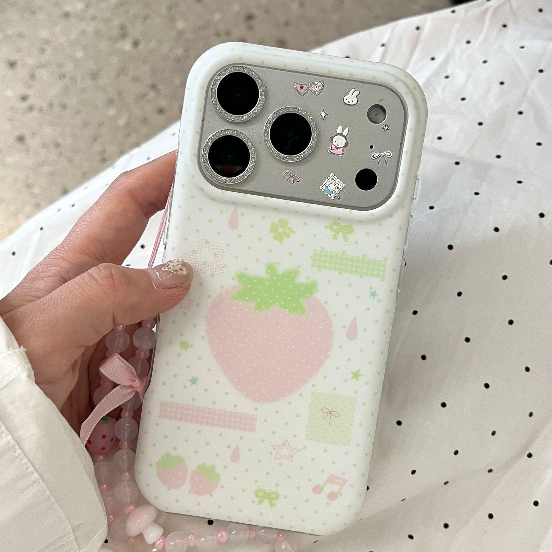 

Polka Dot Strawberry iPhone 17 Pro Max Case - Chic Minimalist Design with Heart Chain Apple 15 Pro