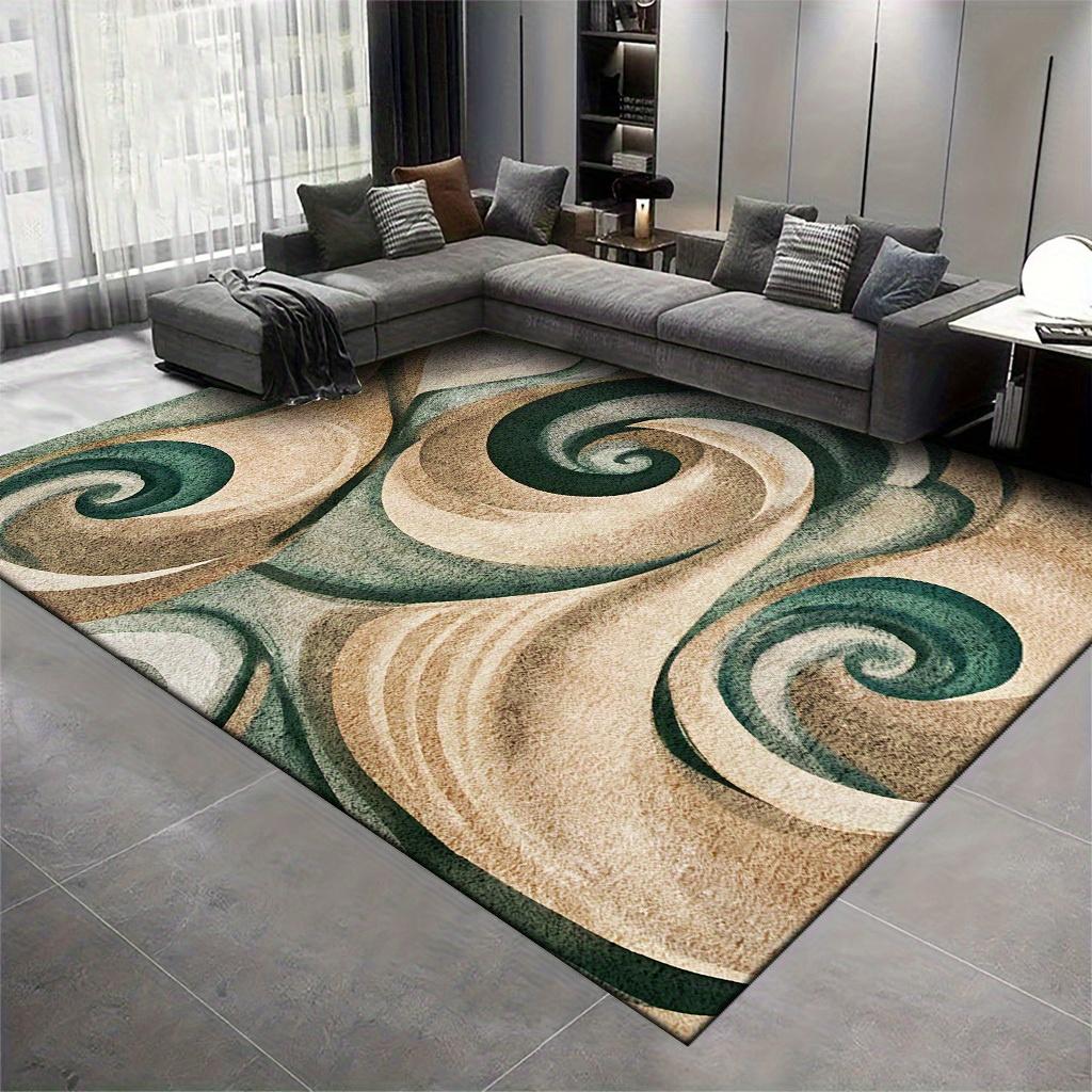 VIKAMA Moderner Wirbelkunst-Teppich, Rutschfester Waschbarer Abstrakt-Teppich, Grün & Beige Spiralmuster Bodenmatte für Wohnzimmer Schlafzimmer