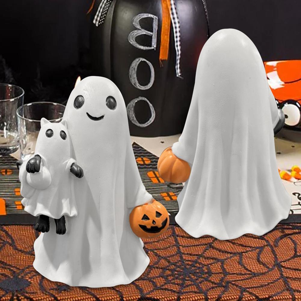 Halloween Ghost Holding Cat Statue with Pumpkin Spooky Ghost Resin Figurine for Party Home Shelf Table Centerpiece
