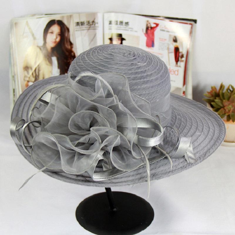 

Fashion Women Mesh Kentucky Derby Church Hat With Floral Summer Wide Brim Cap Wedding Party Hats Beach Sun Protection Caps A1 сірий