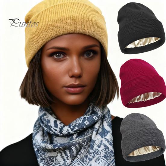 Comfortable Hiking Head Gear Satin Lined Knit Hat for Women, Winter Warm Soft Beanies, Fashion Stretchy Breathable Headwear Frizz-free Hair