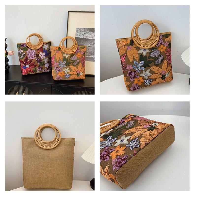 Ethnic Style Flower Embroidery Canvas Tote Bag Large Capacity Handbag For Women Top Handle Shopping Handbags