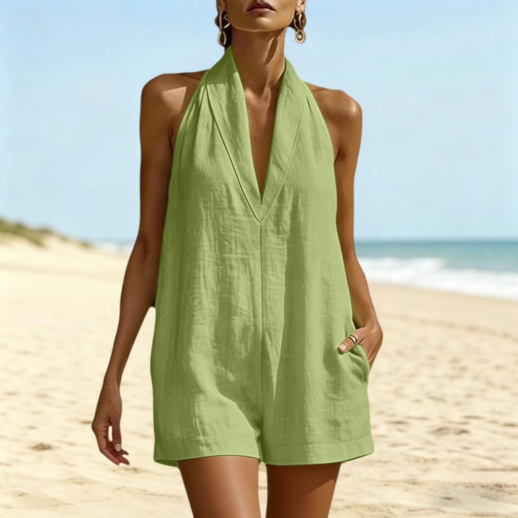 Women’s Sleeveless Neck V Neck Loose Fit Jumpsuit with Pockets Casual Solid Romper for Summer