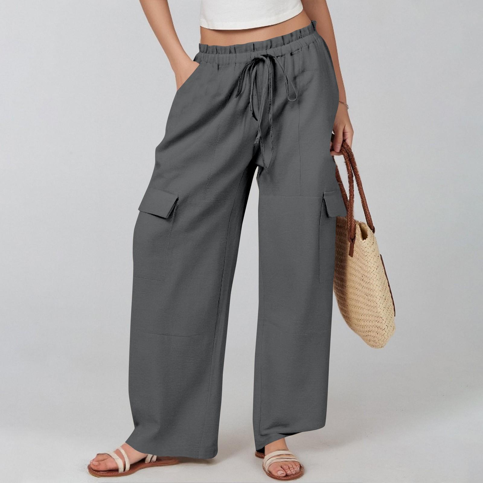 Women s Cotton And Linen Summer Stitching Casual Drawstring High Waist Pocket Workwear Trousers L