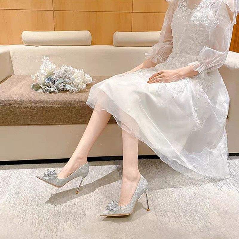 French Crystal Diamond Wedding Shoes Female Lead Wedding Dress Show Two Wear Bridal Shoes Girl Princess Banquet Versatile Stilettos