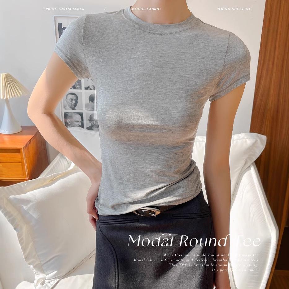 Modal Short Sleeve Crew Neck Women's Slimming Versatile T-Shirt - Nude Feeling, Straight Shoulder, Comfortable Fit