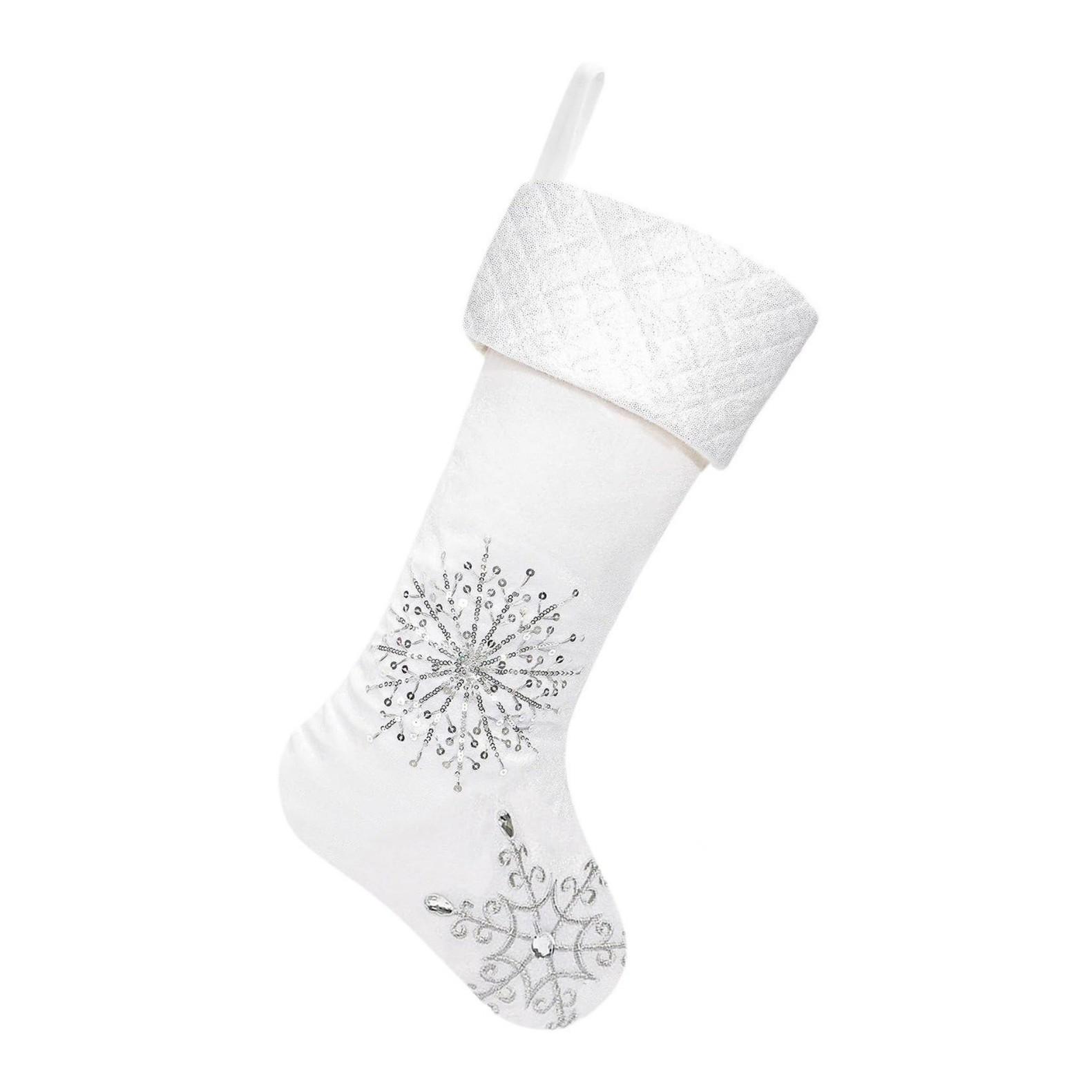 White Leather Christmas Stocking with Silver Snowflake Sequins - Festive Home Decoration белый