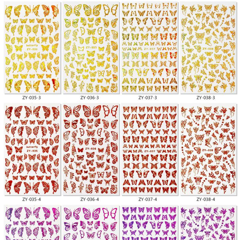 4Sheets Holographic 3D Butterfly Nail Art Stickers Adhesive Sliders Colorful DIY Golden Nail Transfer Decals Foils Wraps Decorations