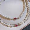Bordeaux Red Diamond Buckle Strong Light Shijia Pearl Necklace Women'S Light Luxury Temperament Blue Diamond Buckle Pearl