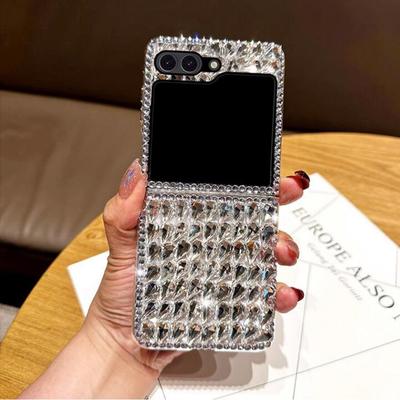Funda de teléfono de lujo con diamantes de imitación para Samsung Galaxy Z Flip 5 4 3, funda trasera de PC dura con diamantes de gota de agua a la moda
