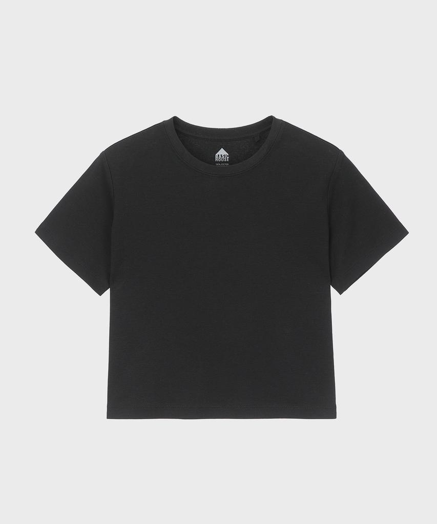 BASIC HOUSE Women'S Round Crop Short Sleeve T-Shirt Black Lats0202