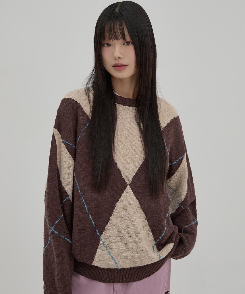 WAIKEI Big Argyle Boucle Knit Beige