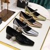 Retro European and American style banquet women's shoes medium heel thick heel shallow mouth square head rhinestone buckle one word belt single shoes