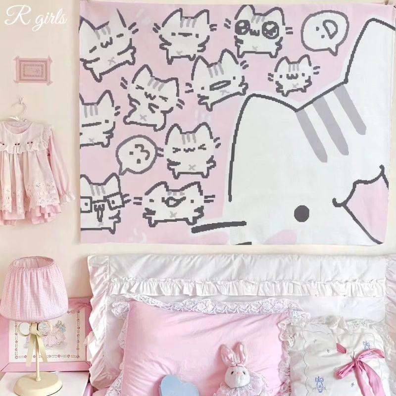 Pink Cute Cat Tapestry Soft Kawaii Aesthetic Girls Dorm Bedroom Living Room Apartment Wall Decor