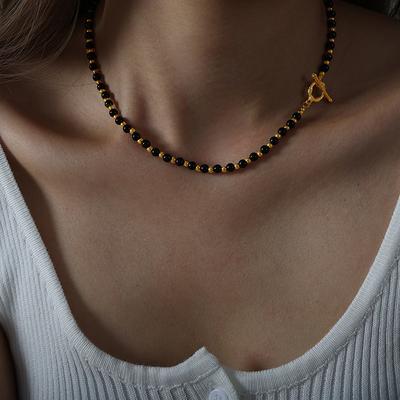 Vintage Black Agate Beaded Necklace For Women Stainless Steel OT Buckle Necklaces Elegant Woman Jewelry