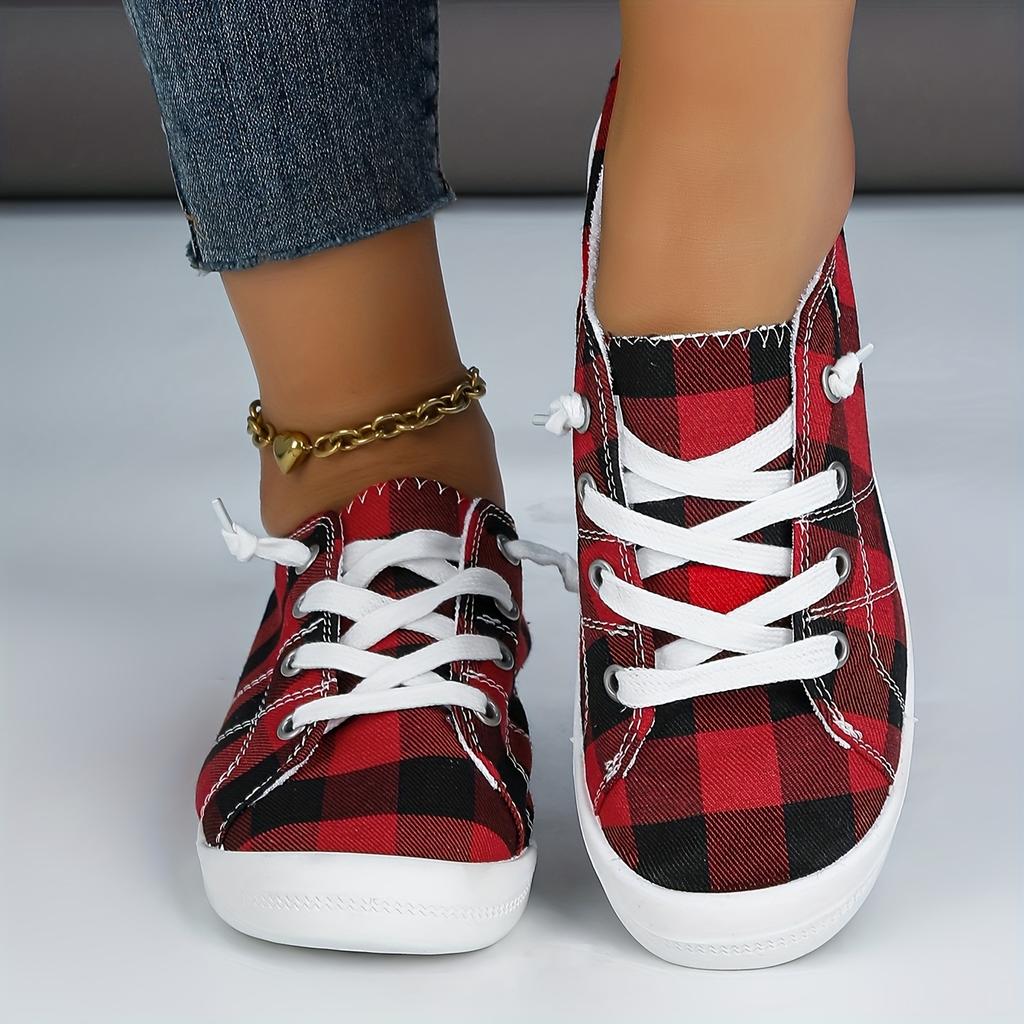 Women's Red & Black Checkered Print Casual Shoes - Breathable Fabric Upper Round Toe Design