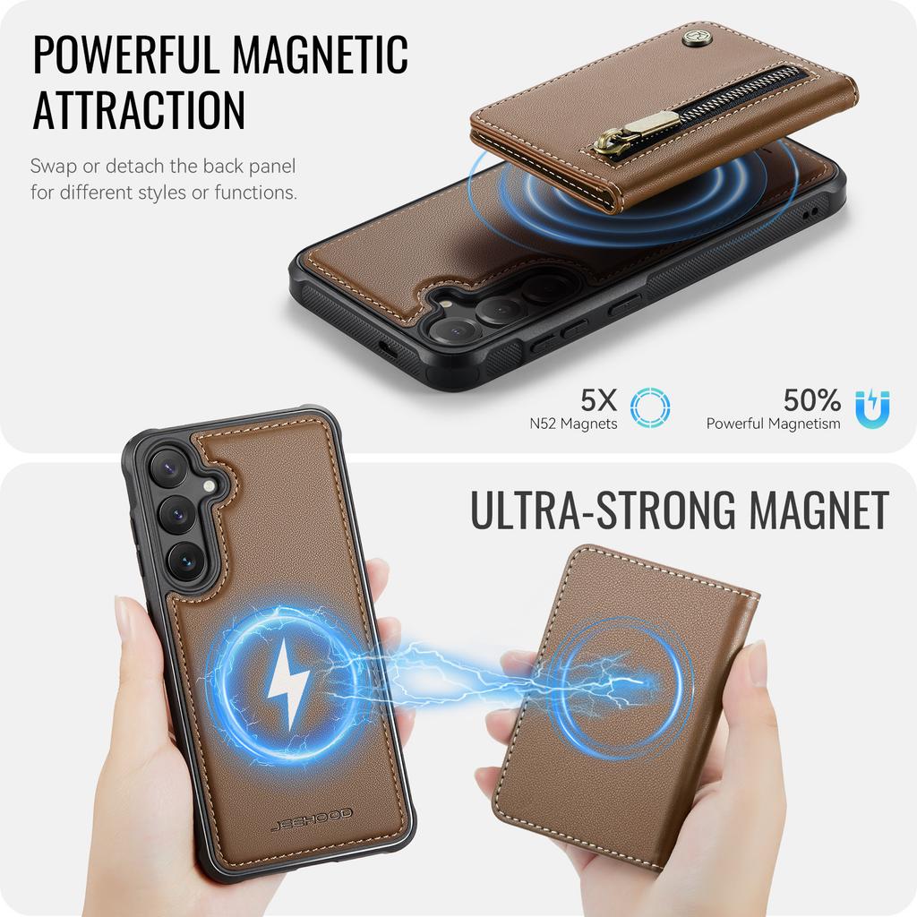 For Samsung Galaxy S25 Case JEEHOOD J12 Magnetic Detachable Zipper Wallet Kickstand Leather Back Cover Magnetic Case