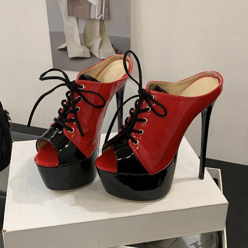 Ladies slippers women's summer new one-word fashion color matching lace-up black high-heeled slippers