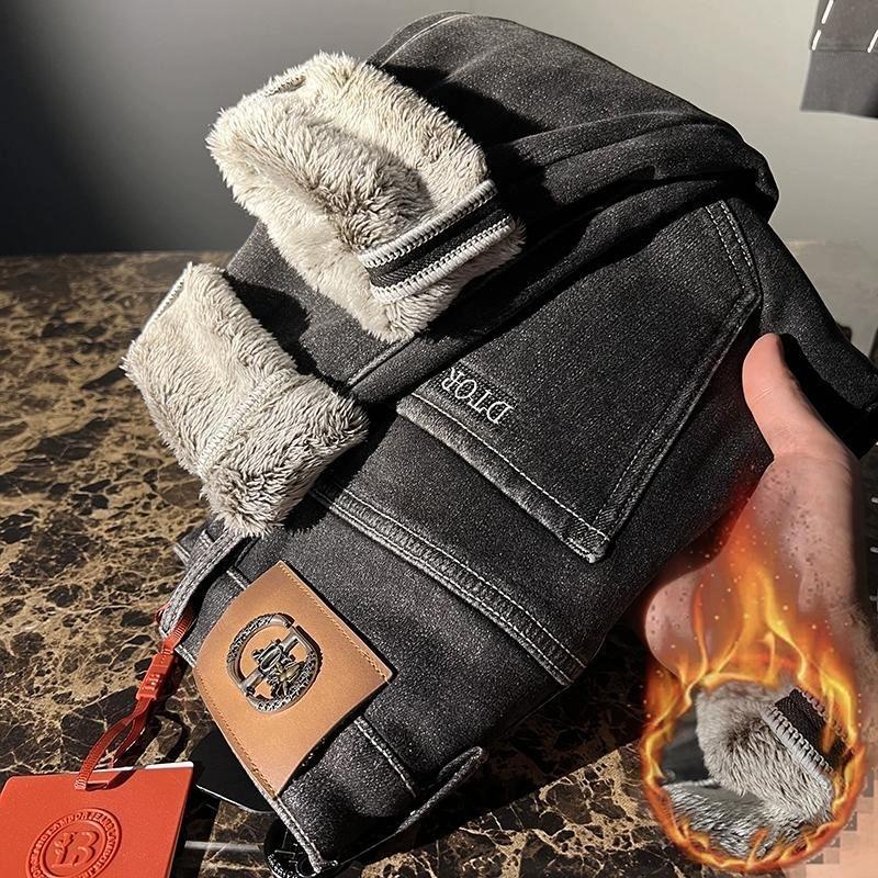 

Плотные джинсы с флисовой подкладкой для мужчин 2024Зимние новые модные брендовые облегающие эластичные и универсальные теплые брюки 33 чёрный