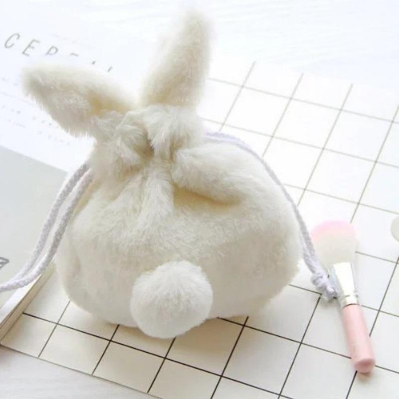 1Pcs Pocket Drawstring Bag Cute Bunny Plush Rabbit Ear Pouch With Fluffy Tail-Like Tassel Sweet Kawaii Makeup Bag Accessory