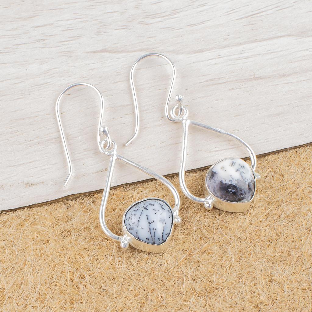 Dendritic Opal Gemstone Jewelry, Handmade Silver Earrings, 925 Sterling Silver Meditation Jewelry Gift For Her
