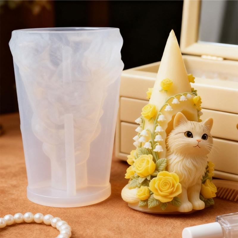 Food Grade Silicone Candle Mould in Realistic Cats and Flower House Designs Easy Demoulding