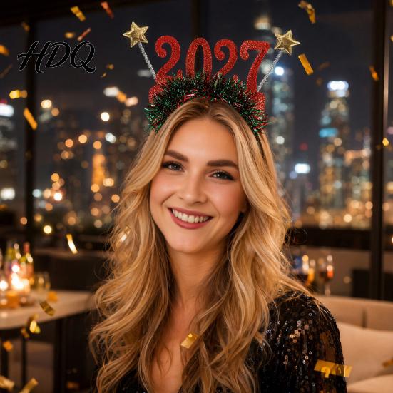 Headband Hair Hoop Non-Slip with Adjustable 2027 Digital Star And Number Design Stage Performance Headwear Holiday for Christmas New Year