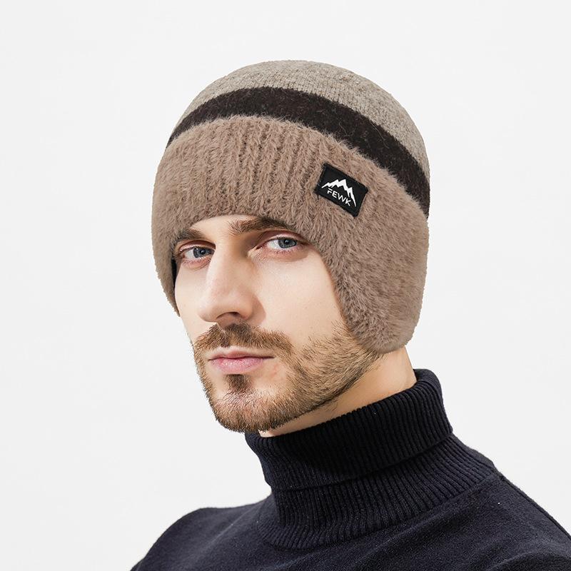 Winter Wool Warm Color-Matching Ear Protection Knitted Hat Men's Outdoor Cold-Proof Velvet Neck Set Two-Piece Wool Hat