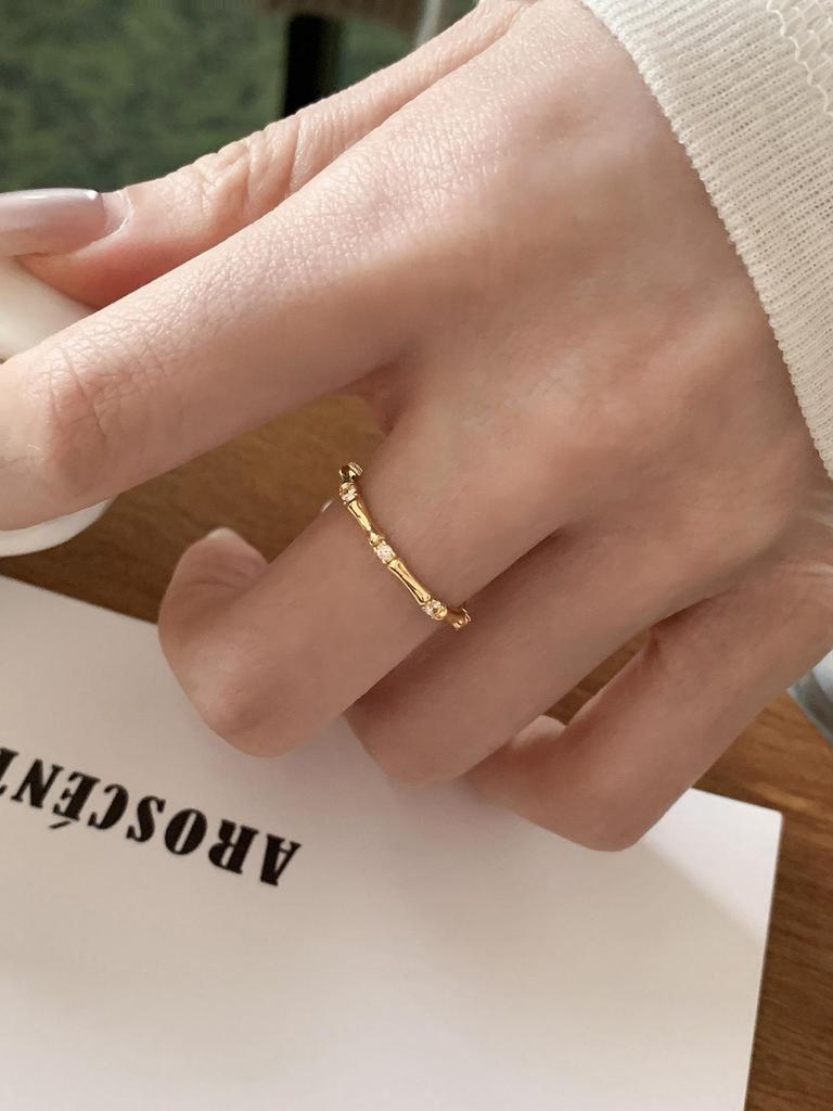 S925 Sterling Silver Adjustable Bamboo Joint Zircon Ring for Women - Versatile, Fashionable Stacking Design