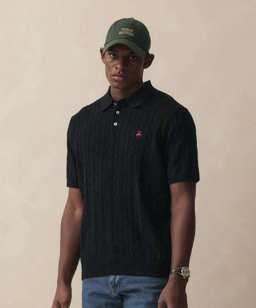 BROOKS BROTHERS Cotton Cable Polo Short Sleeve Sweater (Black) (Bbwtmo204Aufm)