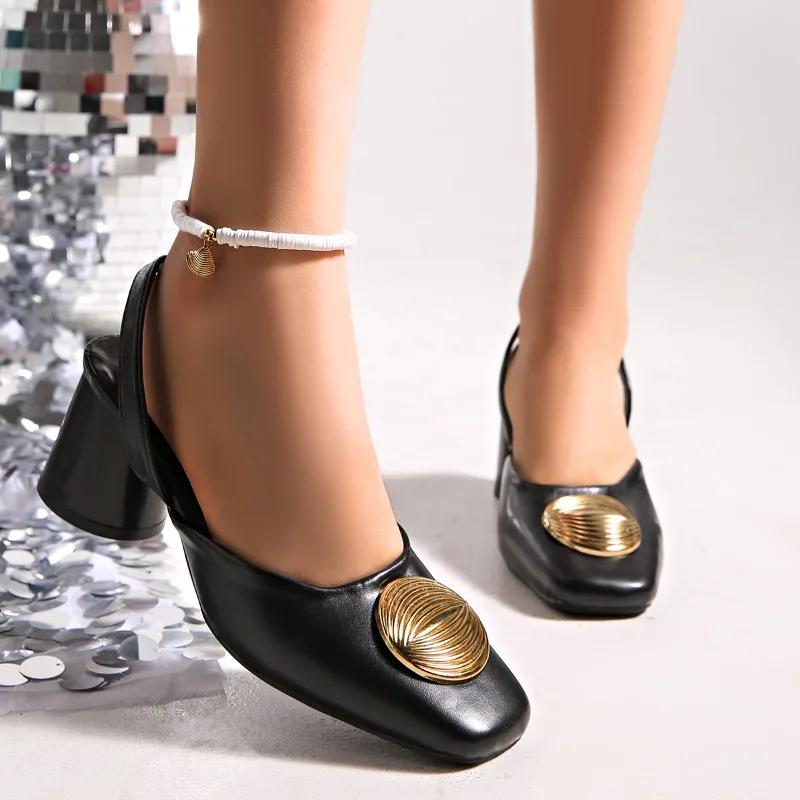 Vintage Green Women Sandals Simple Design Square High Heels Summer Shoes Black Casual Lady Sandalias Champagne Zapatillas