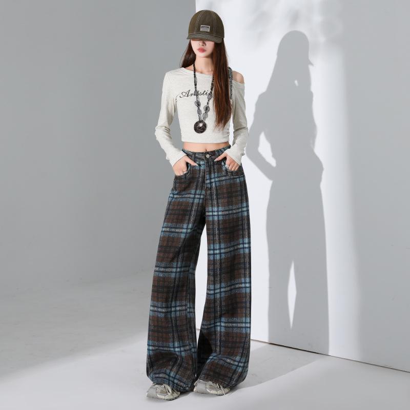 

Women s Red Plaid High-Waisted Floor-Length Wide-Leg Pants - Slimming, Straight, and Versatile for Spring 2026 M
