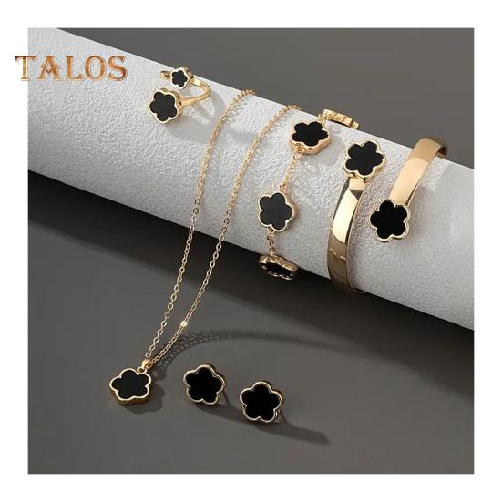 

5 шт./компл. женский комплект ювелирных изделий Lucky Flower Decor сверкающие стразы ожерелье браслет серьги кольцо комплект модные ювелирные изделия чёрный