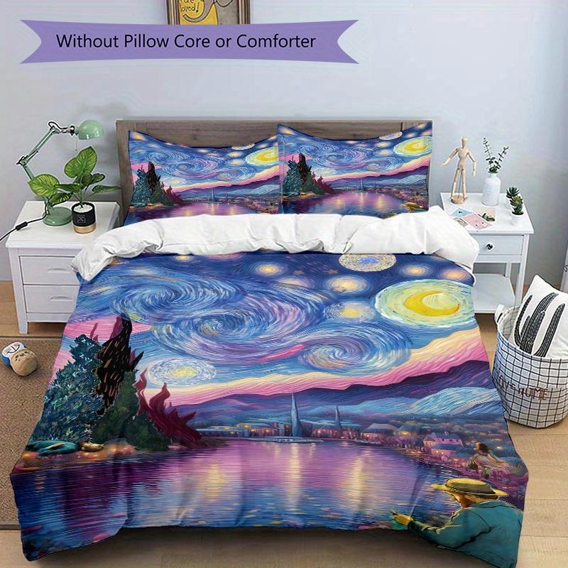 3Pcs Van Gogh Inspired Printed Bedding Set, Breathable and Soft, Machine Washable, Christmas Gift, Suitable for Bedroom Decoration, 15140