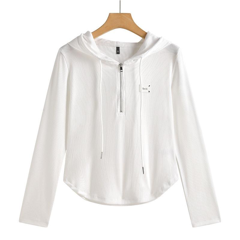Damen Frühling und Herbst T-Shirt Modisches und vielseitiges koreanisches Slim Fit Kapuzen-Sweatshirt mit Reißverschluss aus Baumwolle