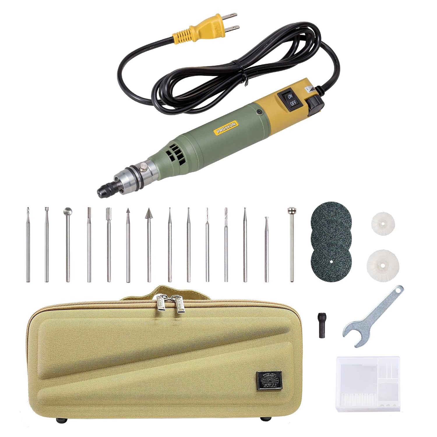 

PROXXON Mini Router MM100 with and Drill Bit Set and Storage Case High-Speed Steel, Carbide, (Product Number 28525-SK-H3)