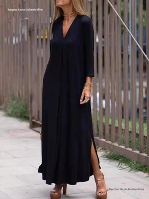 European & American V-Neck 3/4 Sleeve Solid Color Knit Maxi Dress with Slit