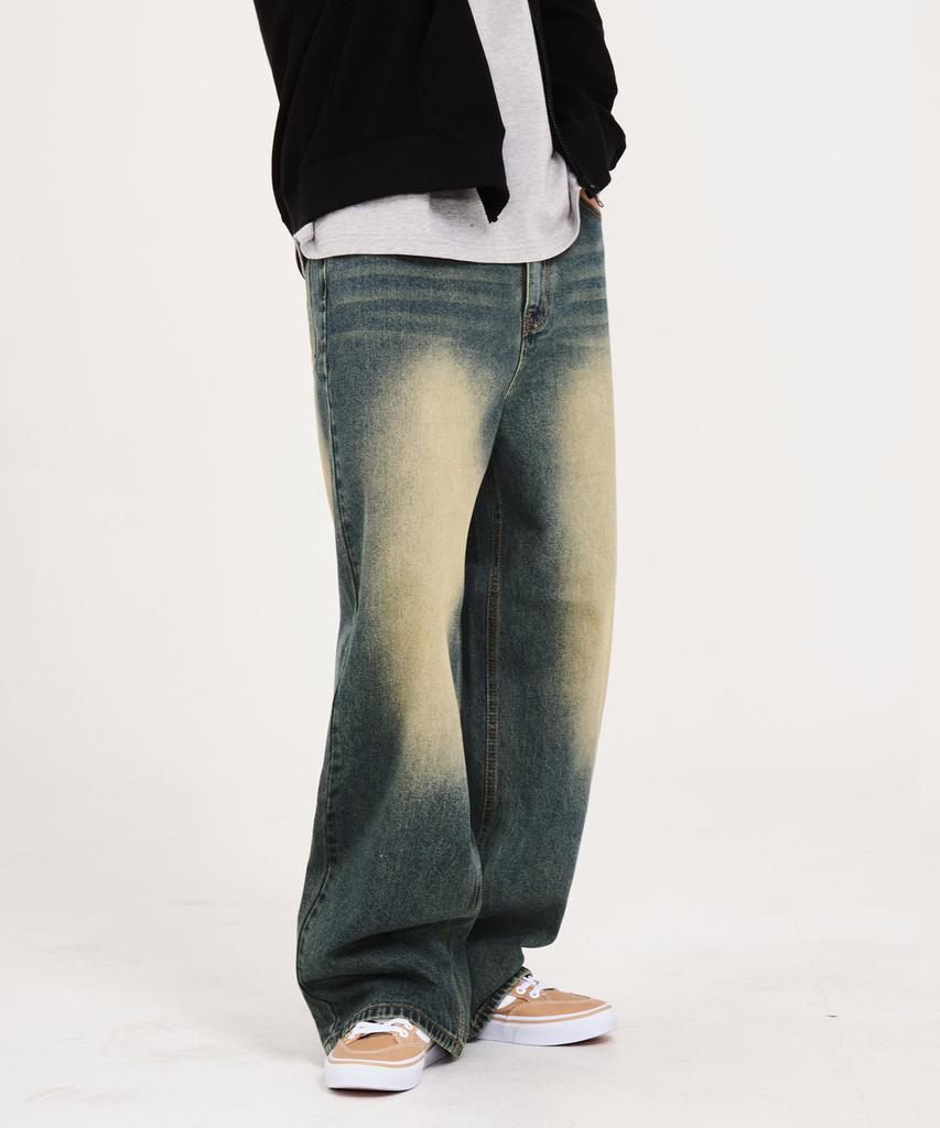 Akeusi Loose Washed Balloon Fit Wide Denim Pants Unisex (Yellow-Blue)